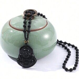JADE obsidian Black Hand Carved Maitreya Buddah Pendant Necklace